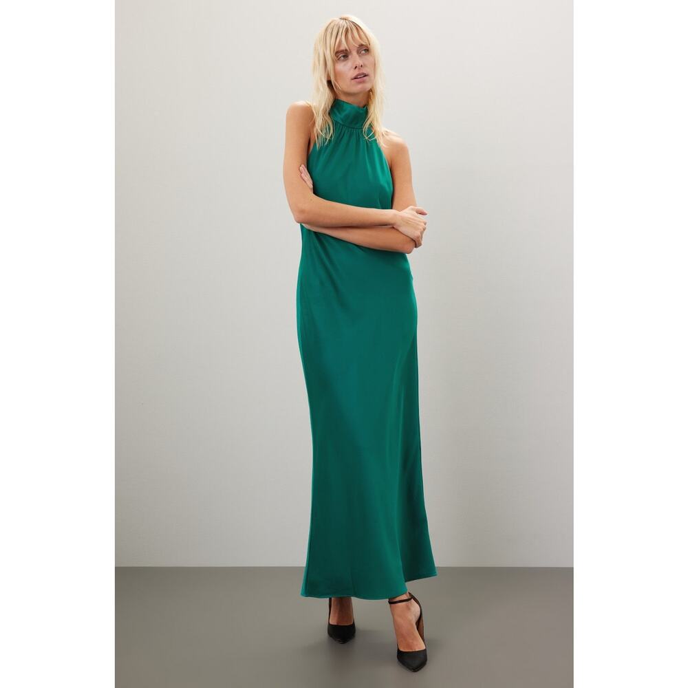 FAVIANA Green Satin Sleeveless Halter Neck Thigh-High Side Slit Gown Dress sz 14